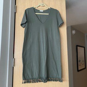 Olive Green T-Shirt Dress with Fringe Detail